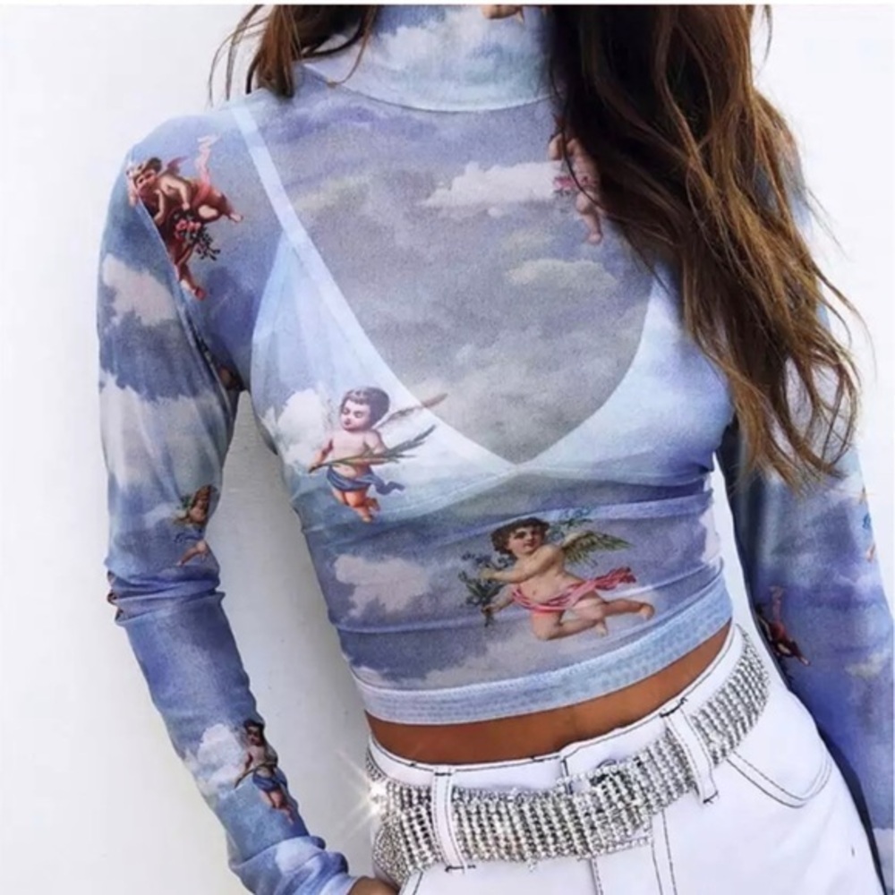 Floral Cherub Long Sleeve Crop Top  ~ Brand New